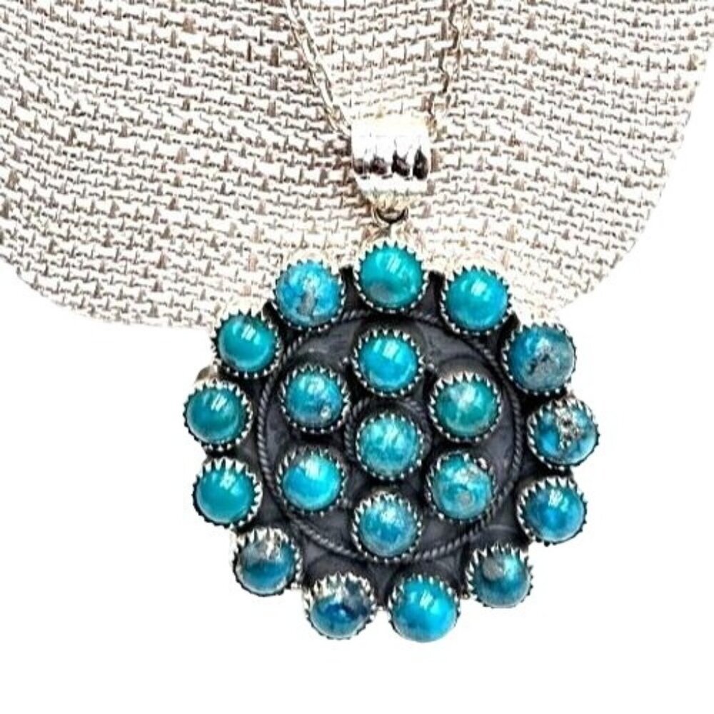 Womens Necklace Sterling Silver Blue Turquoise Pendant 18" Necklace 58 Gram